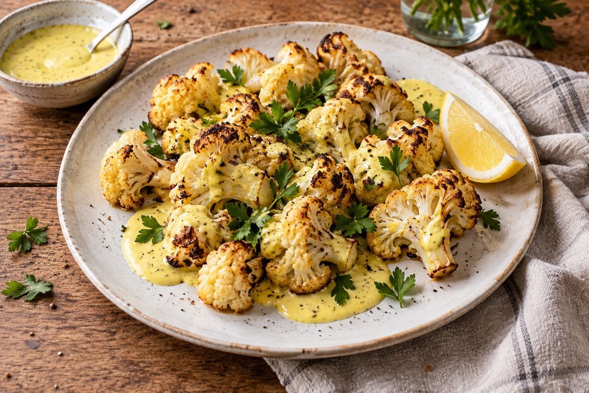 Gerösteter Blumenkohl mit goldgelbem Safran-Joghurt, Petersilie und Zitrone auf einem Keramikteller