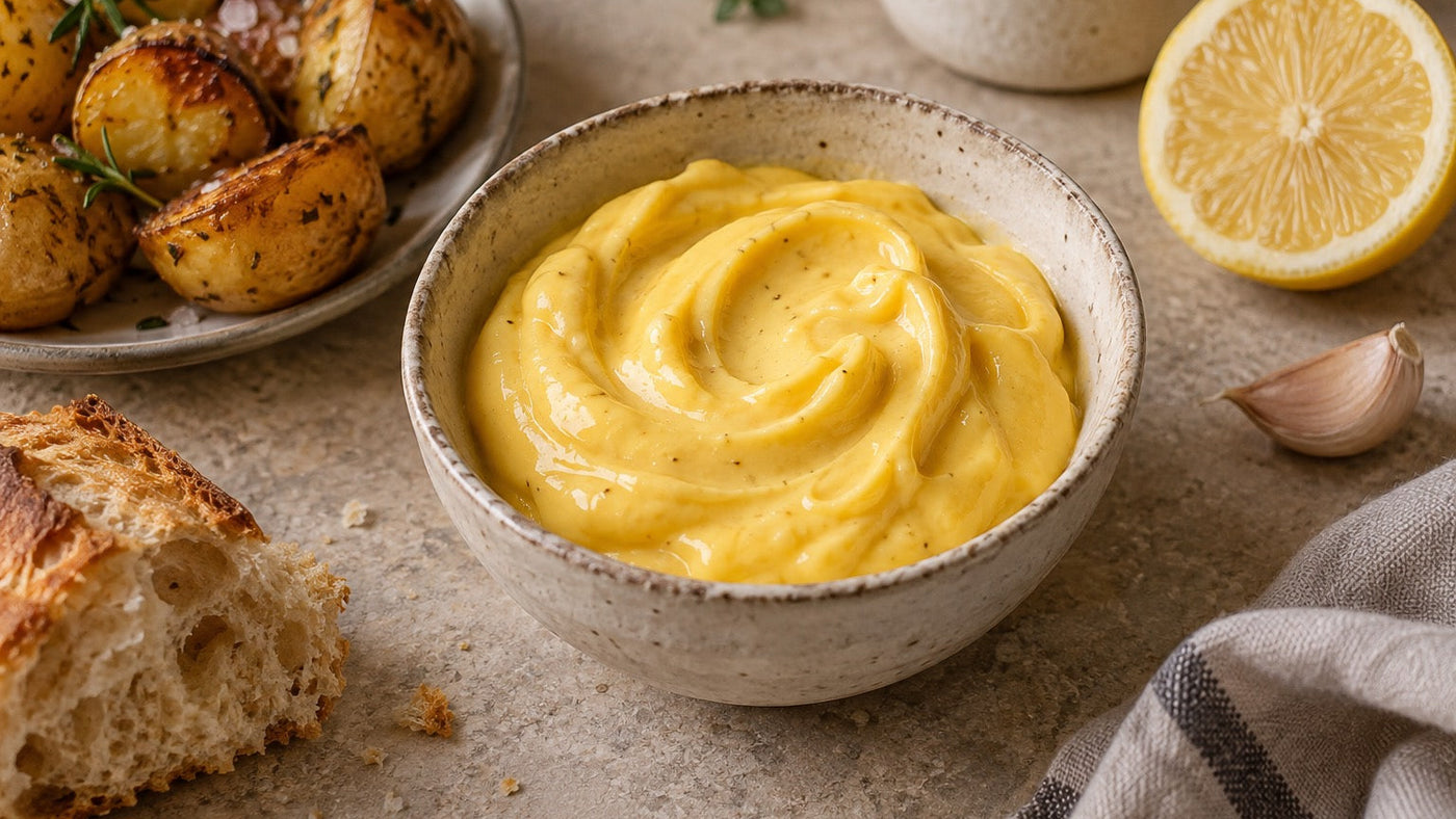 Hausgemachte Safran-Aioli in einer Keramikschale mit Brot und Ofenkartoffeln