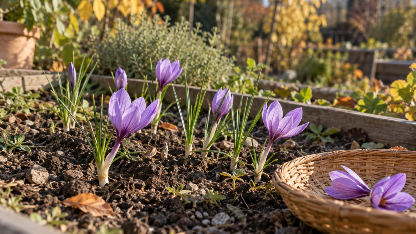 Herbstblühende Safrankrokusse im Hochbeet neben einem kleinen Korb mit Blüten