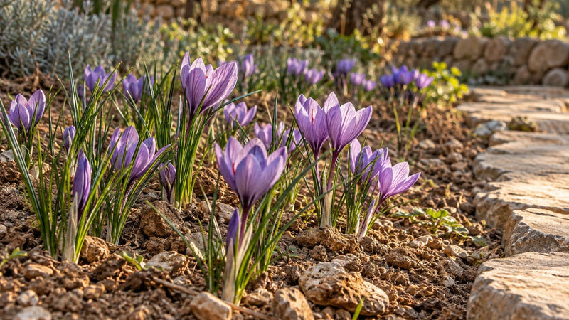 Violette Safrankrokusse in einem kleinen kultivierten Beet neben einem Steinweg