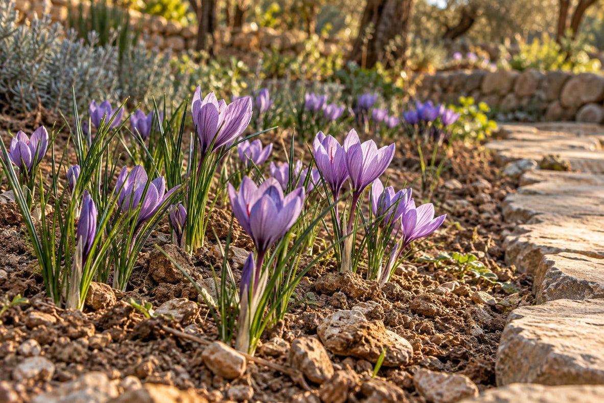 Violette Safrankrokusse in einem kleinen kultivierten Beet neben einem Steinweg