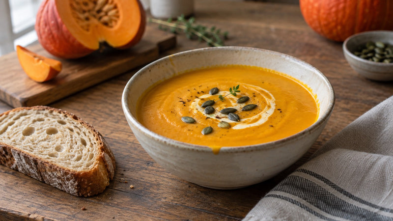 Hausgemachte Safran-Kürbissuppe mit Hokkaido, Sahne und gerösteten Kürbiskernen