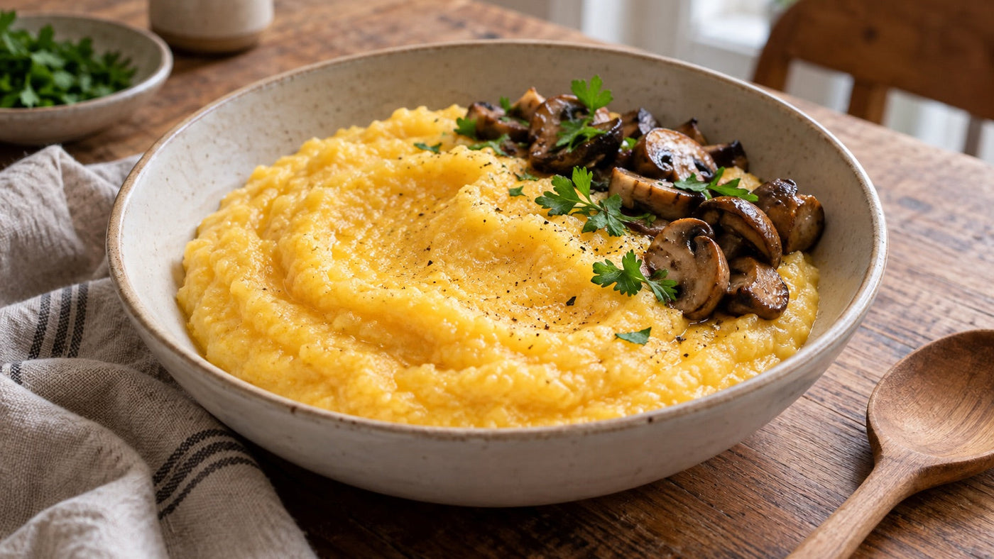 Cremige hausgemachte Safran-Polenta in einer Keramikschale mit gebratenen Pilzen und Petersilie