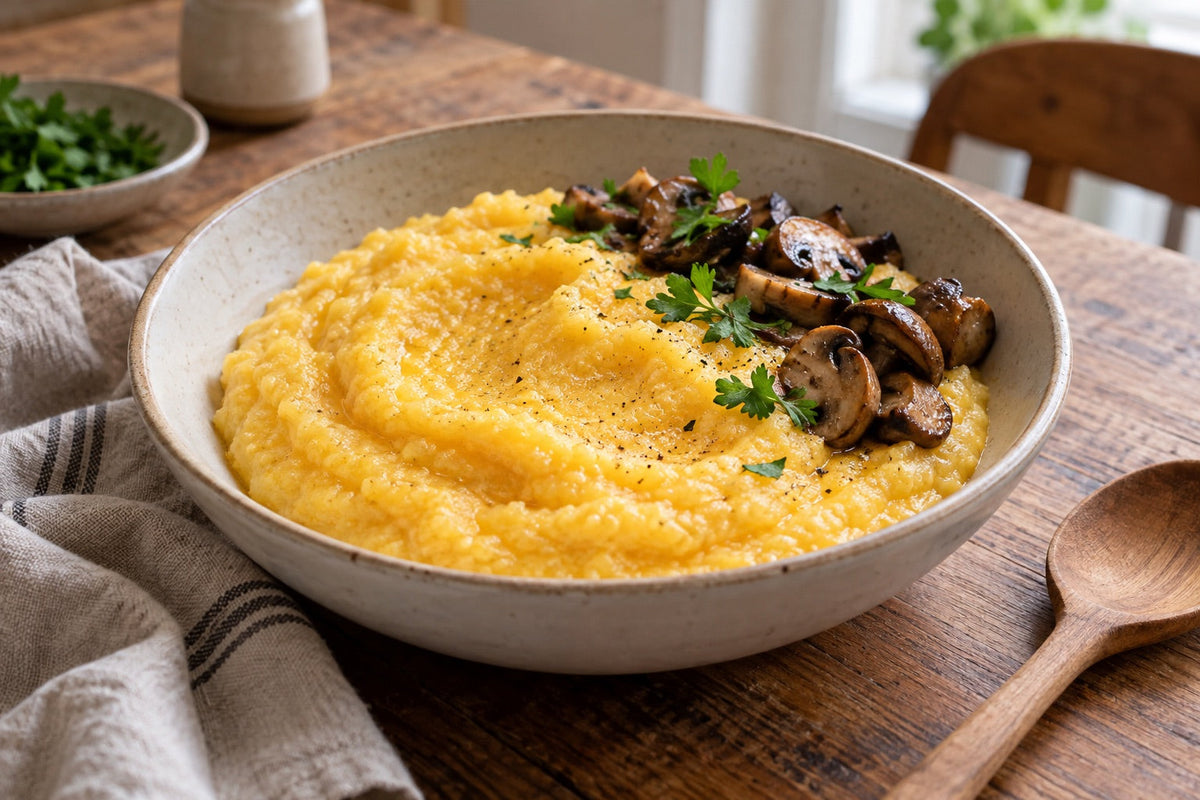 Cremige hausgemachte Safran-Polenta in einer Keramikschale mit gebratenen Pilzen und Petersilie