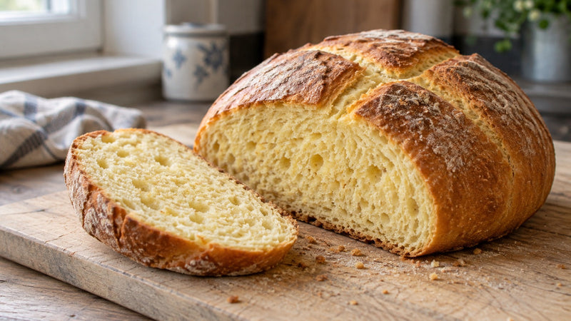 Selbst gebackenes Safranbrot mit goldener Krume auf einem Holzbrett