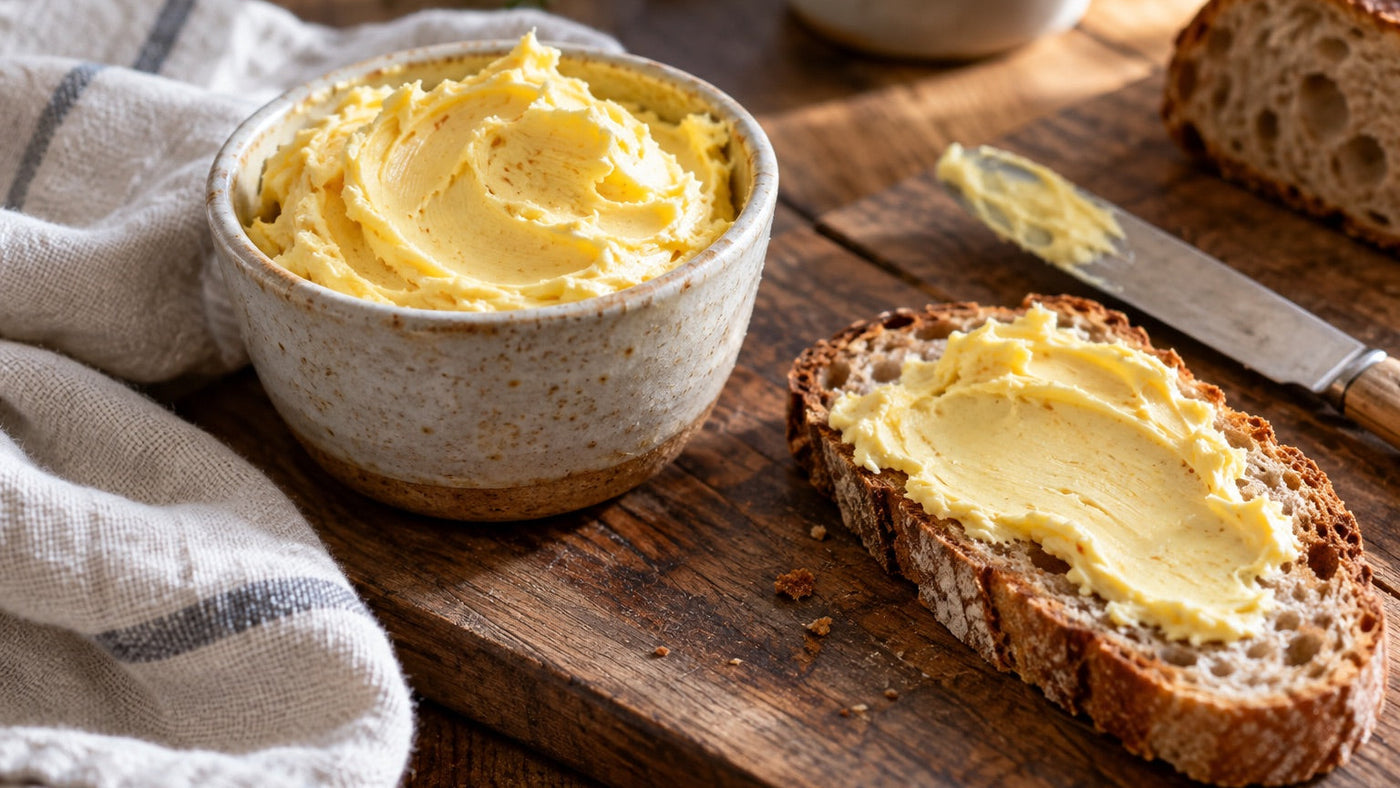 Hausgemachte goldgelbe Safranbutter in einer Keramikschale mit bestrichenem Brot