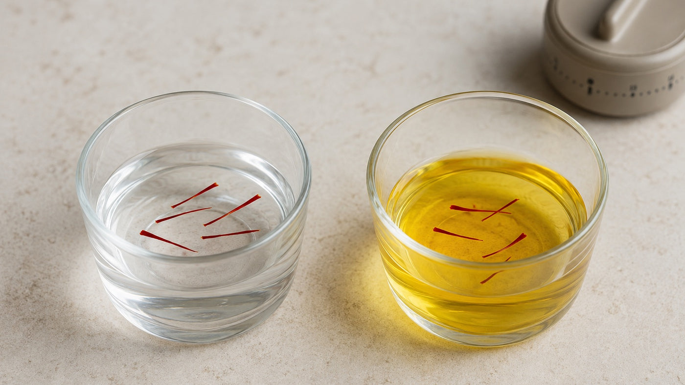 Saffron threads in clear and golden-yellow tinted water compared