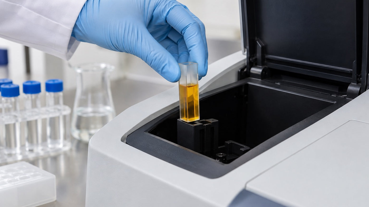 A golden saffron sample is being examined in a spectrophotometer