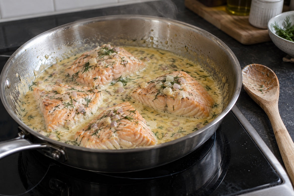 Salmon fillets gently cooked in a pan with saffron sauce