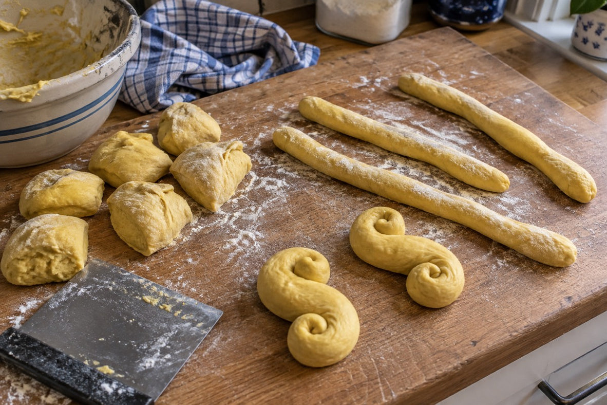 Saffron dough for Lussekatter being shaped on a floured wooden board