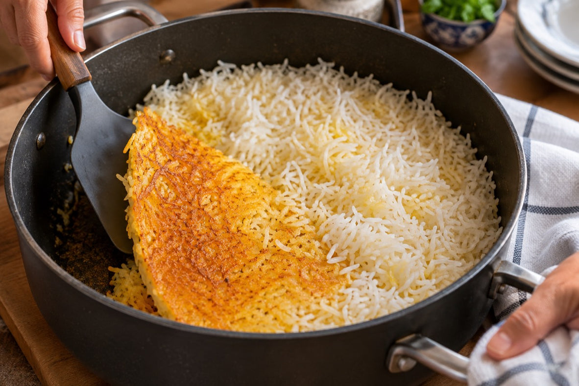 Golden-brown tahdig is carefully lifted from the rice pot