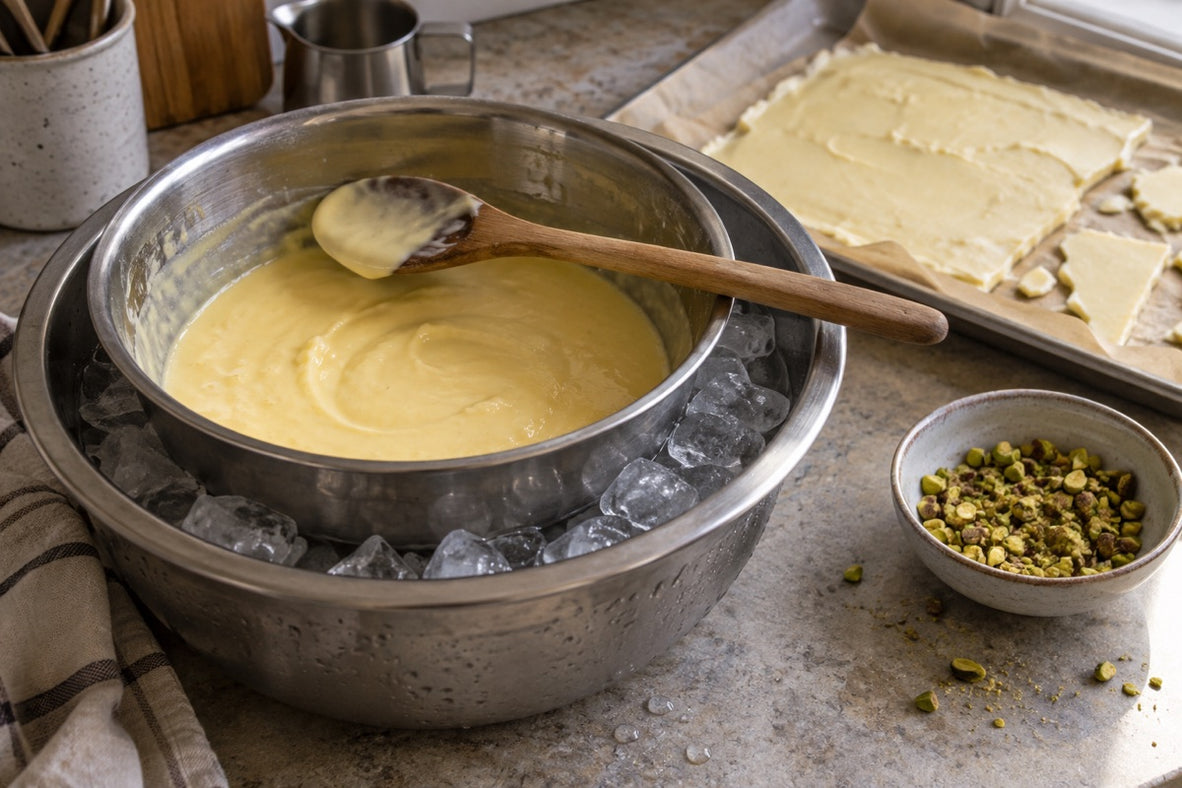 Saffron ice cream base in an ice bath beside pistachios and frozen cream