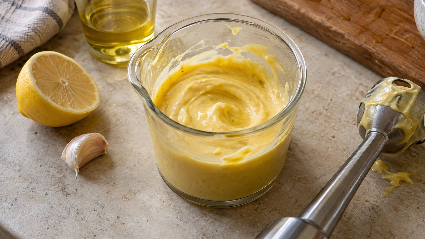 Creamy saffron aioli in a mixing cup next to a hand blender, lemon and garlic