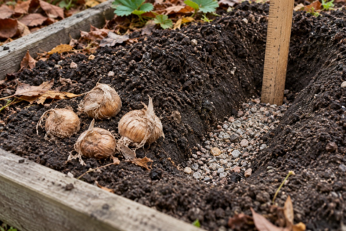 Bulbes de crocus à côté d’une planche de plantation préparée au sol perméable