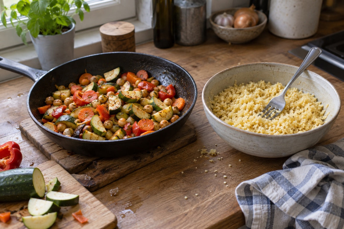 Légumes rôtis aux pois chiches, accompagnés d’un bol de couscous léger et aéré