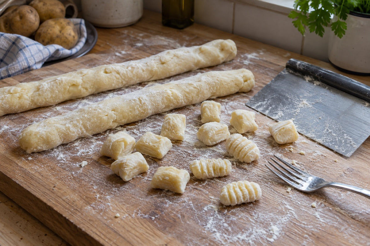 Schiacciate di patate e gnocchi fatti a mano su un tagliere di legno infarinato