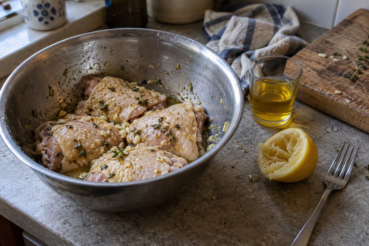 Chicken pieces in a saffron-lemon marinade in a home kitchen