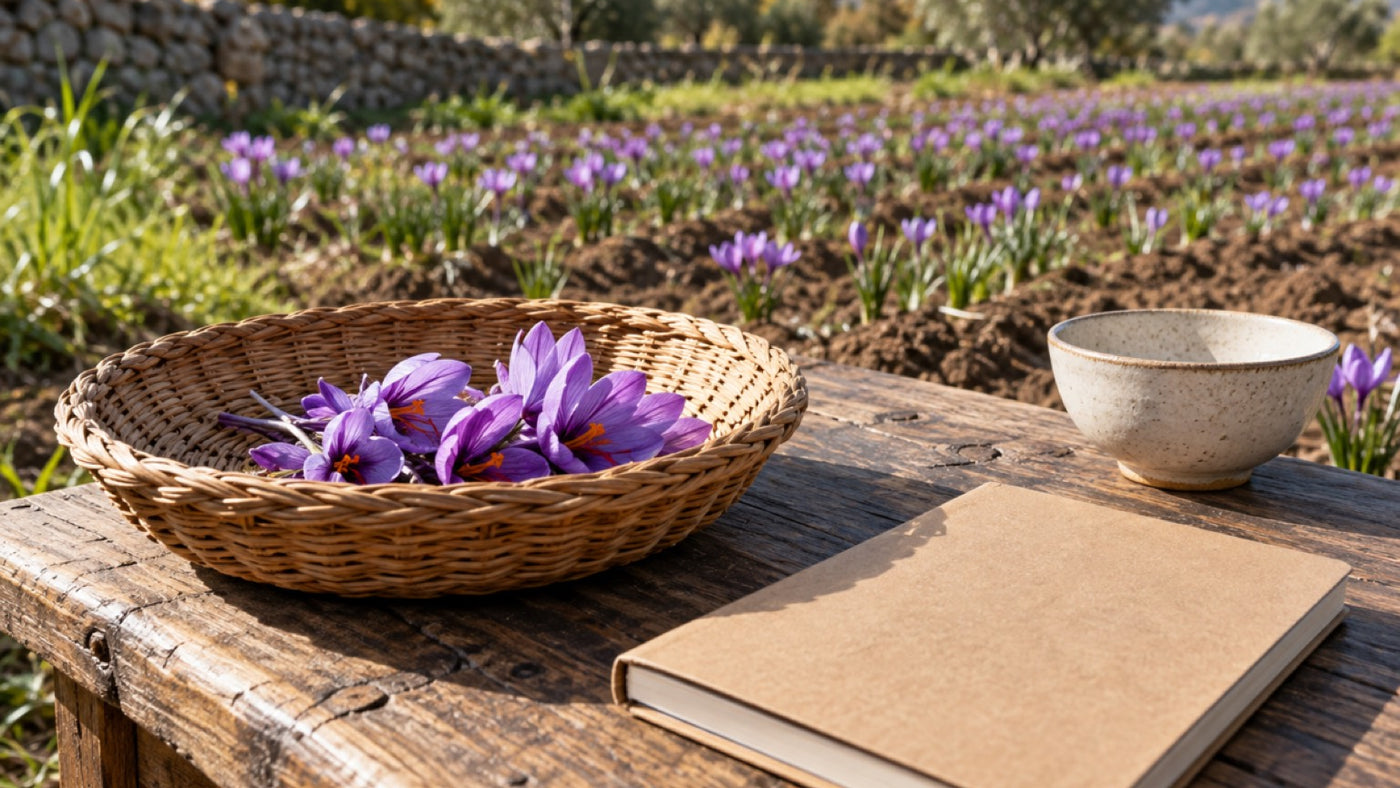 Panier contenant quelques fleurs de crocus récoltées au bord d'une safranière