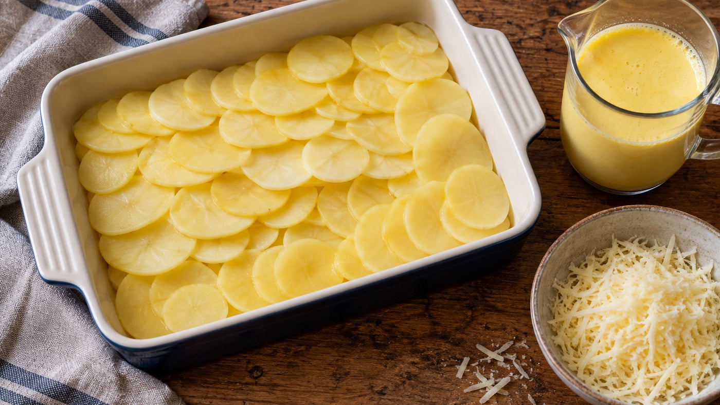 Tranches de pommes de terre superposées avant la cuisson, à côté de crème au safran et de fromage râpé