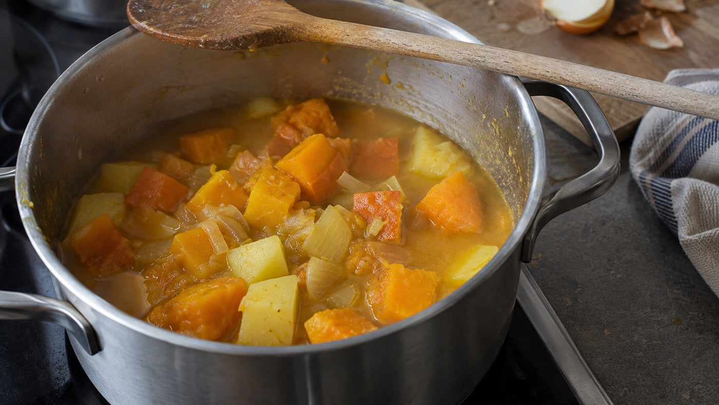 Patates douces hokkaido, pommes de terre et oignons cuits à l’anglaise dans une casserole avant d’être mixés
