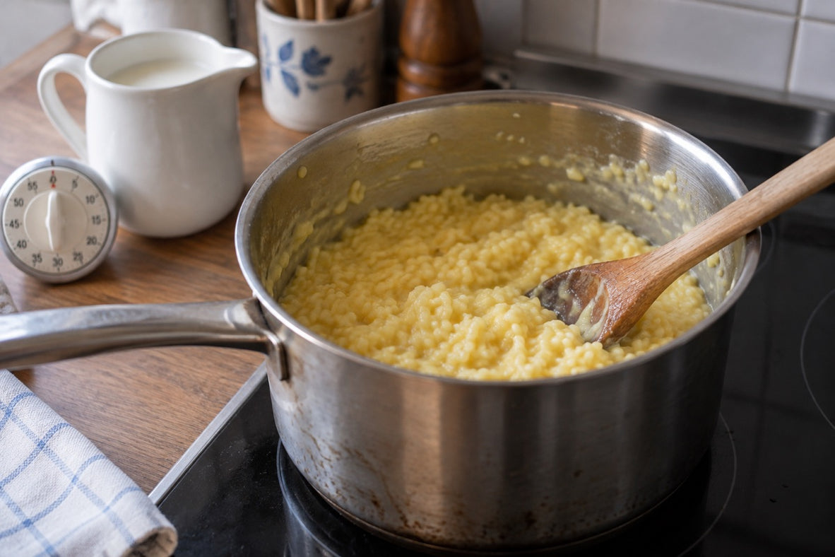 Creamy saffron rice pudding in a cooking pot with wooden spoon