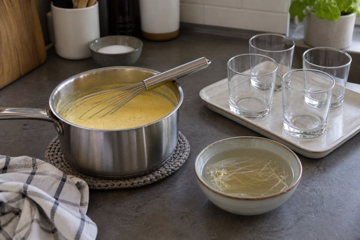 Crème au safran, gélatine ramollie et verrines à dessert pour la préparation