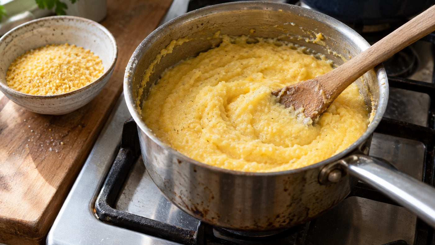 La polenta de color amarillo dorado se remueve en una olla de acero con una cuchara de madera.