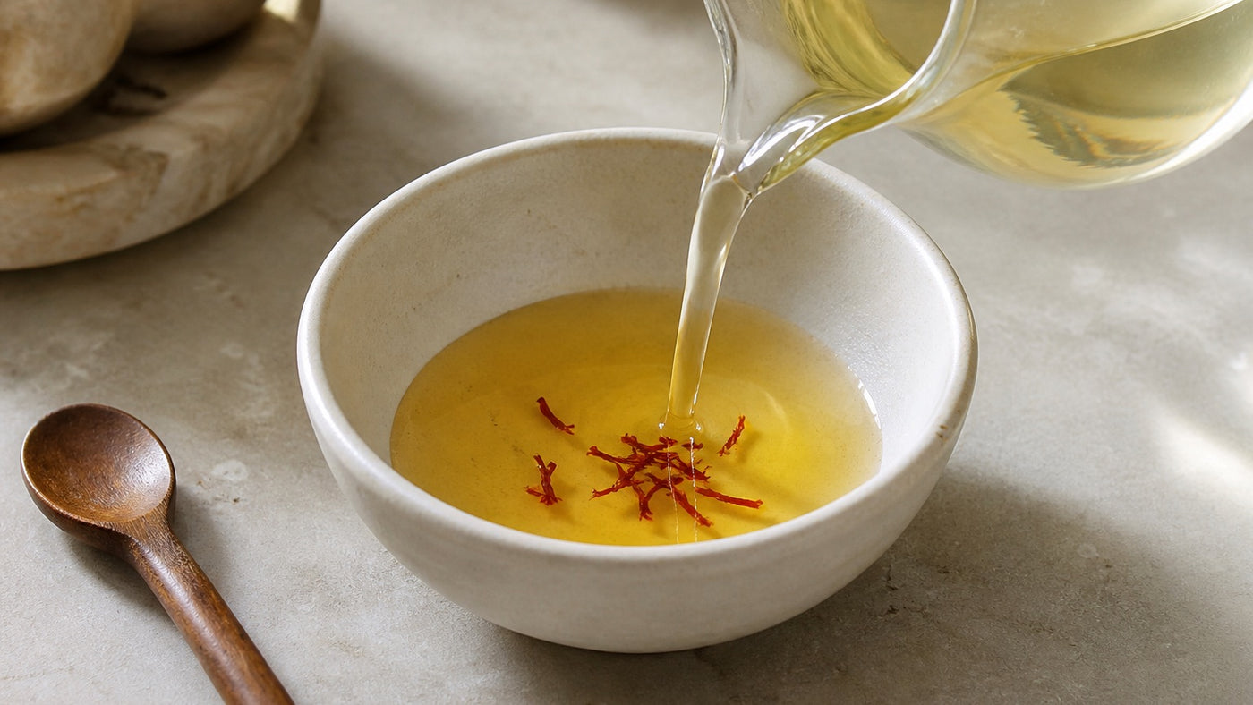 Warm broth is poured over a few saffron threads in a bowl.