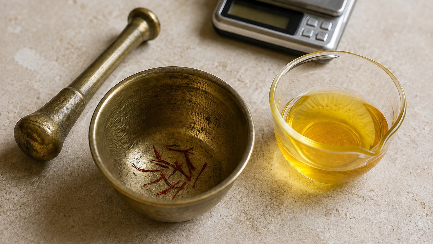 Mortar with a few real saffron threads, precision scale and golden-yellow saffron infusion
