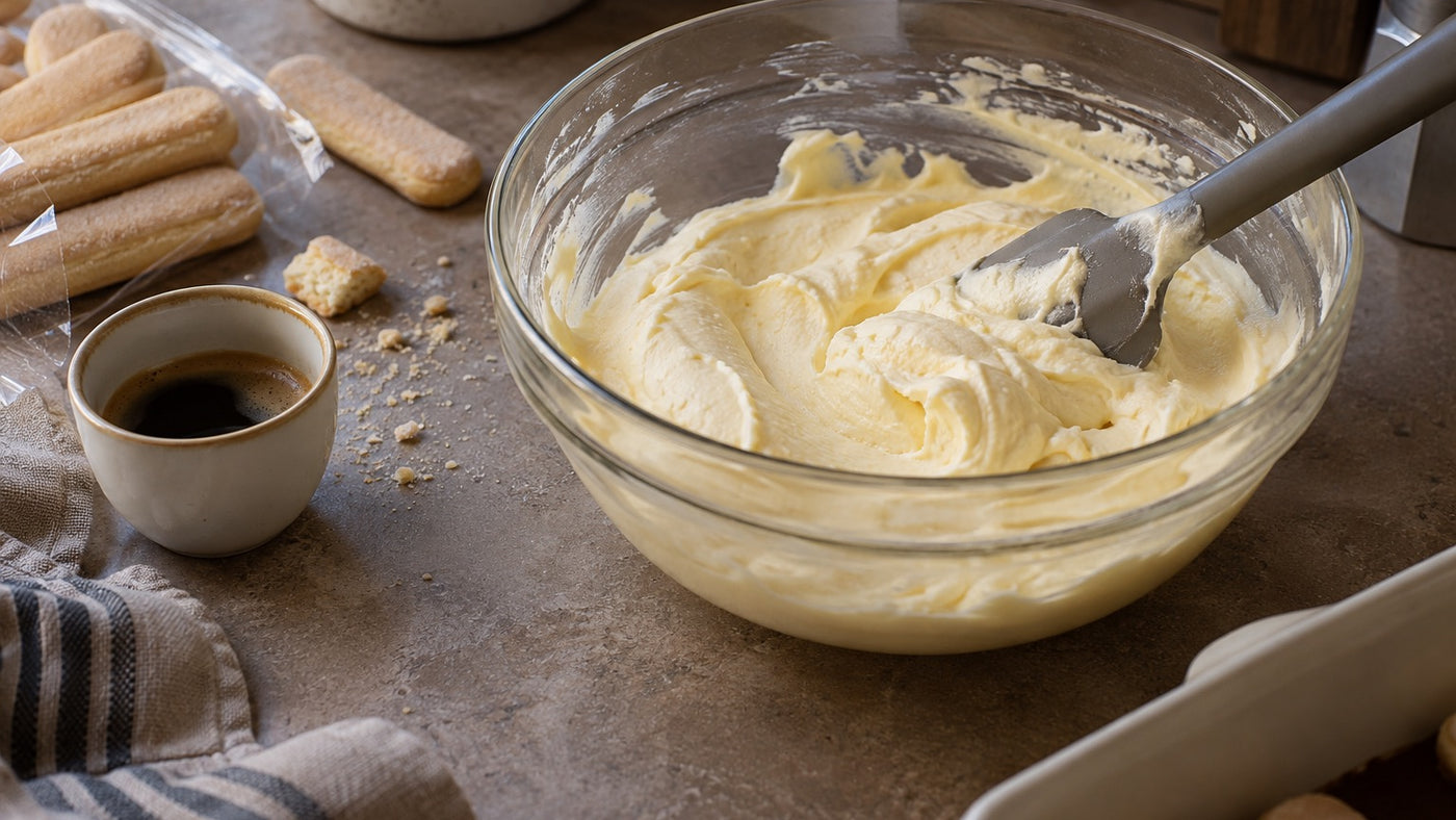 Crema al mascarpone e zafferano con savoiardi e caffè espresso durante la preparazione