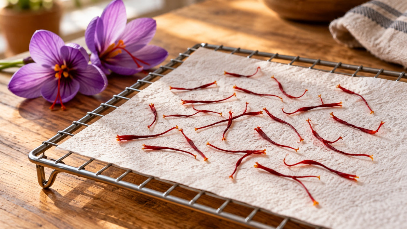A few red saffron threads lie loosely on kitchen paper over a drying rack