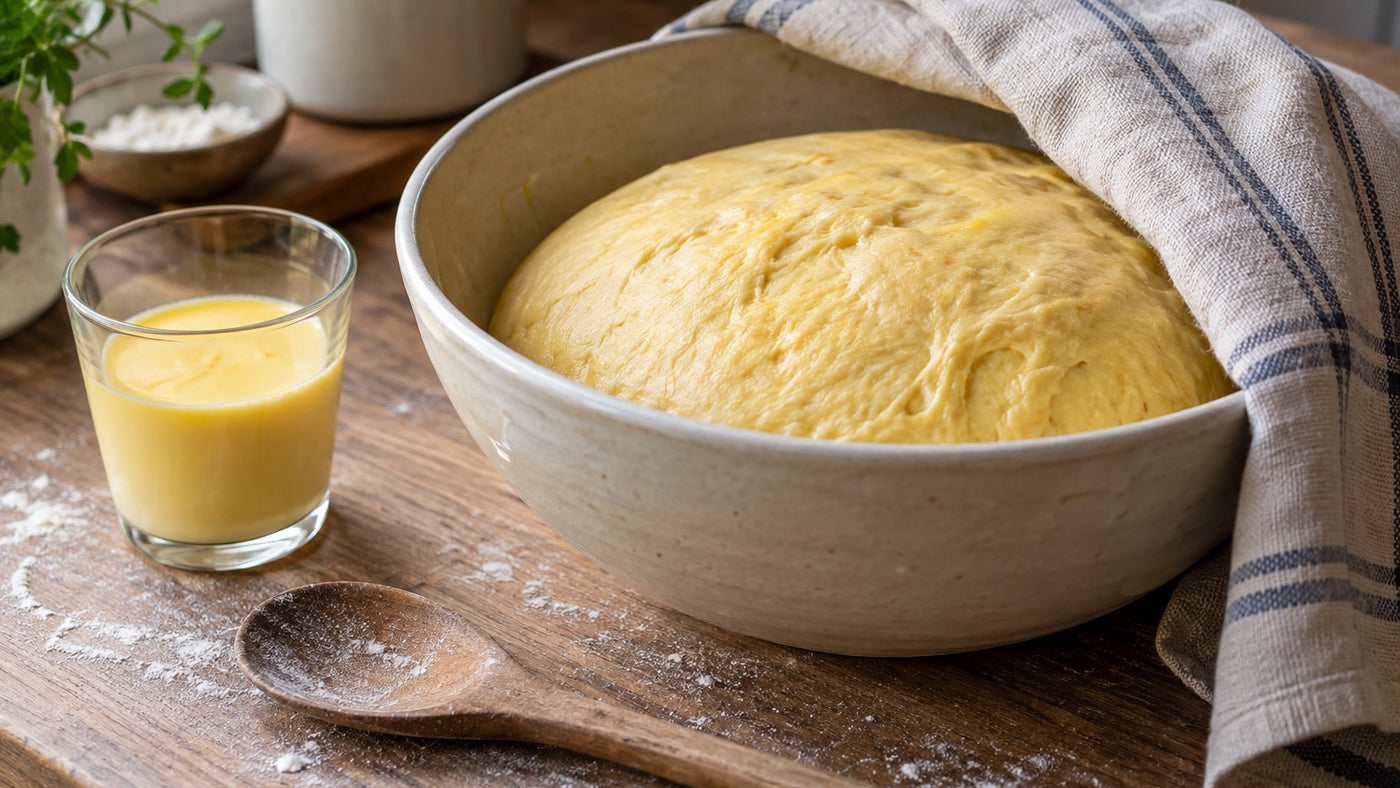Proofed saffron yeast dough in a ceramic bowl next to warm saffron milk
