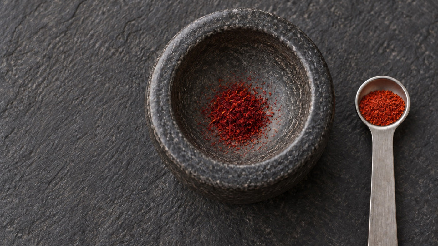 Coarsely crushed and finely ground saffron next to a stone mortar