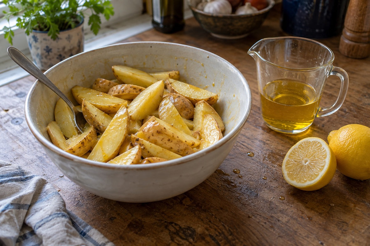 Raw potato wedges with saffron-lemon oil in a mixing bowl
