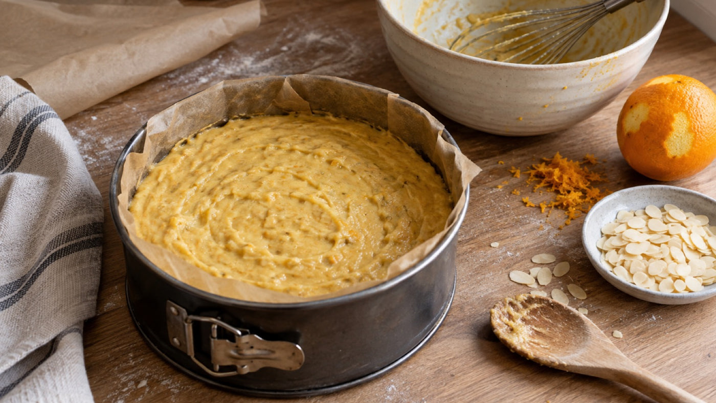 Impasto per torta allo zafferano in uno stampo a cerniera rivestito con carta da forno