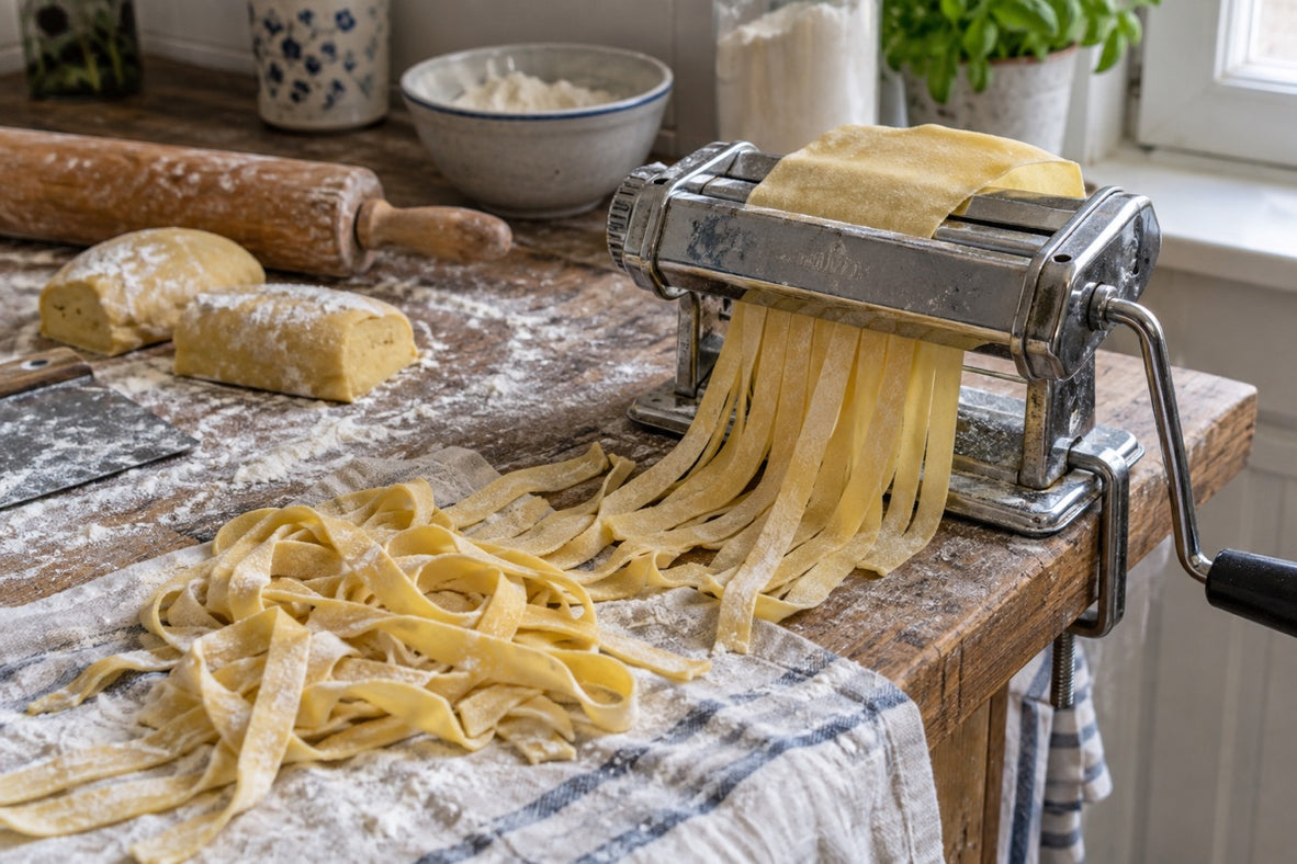 Spaghettoni freschi su una macchina per la pasta usata in una cucina domestica