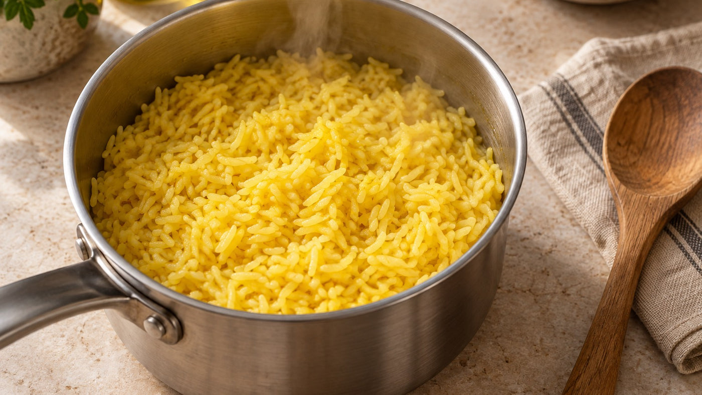 Riz au safran en train de cuire à la vapeur dans une casserole en acier inoxydable
