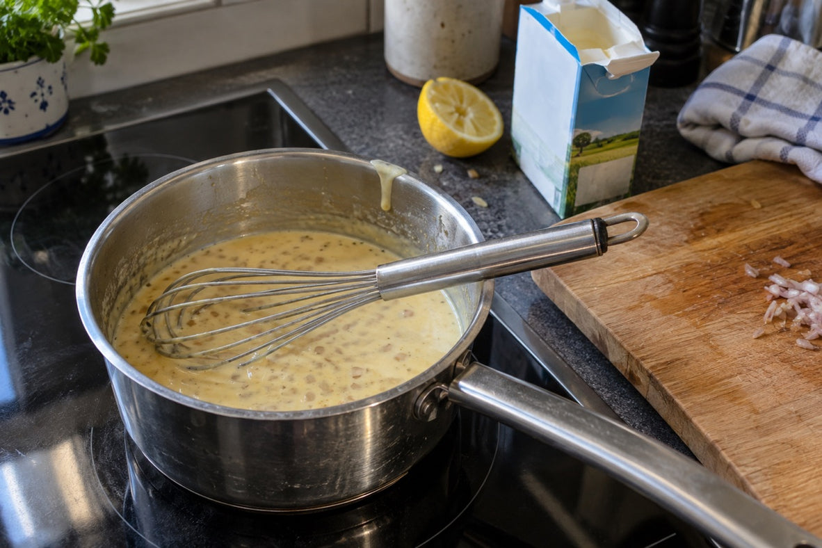 Sauce crémeuse au safran avec échalotes et fouet sur le feu