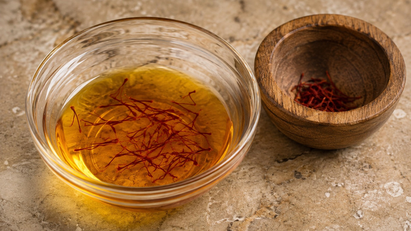 Steeping saffron threads in hot broth for risotto