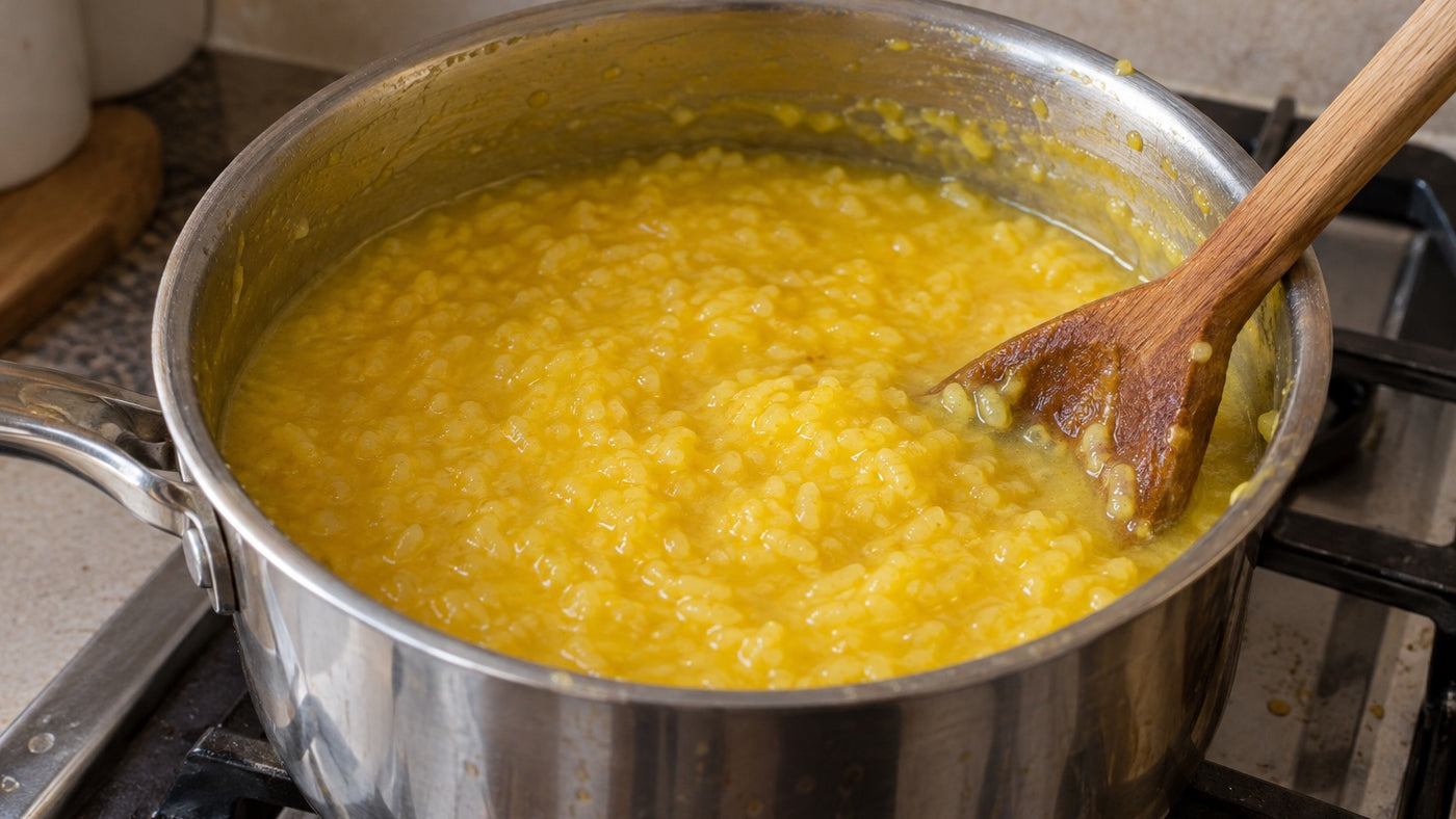 Sholeh Zard amarillo dorado al cocinarse a fuego lento en la olla