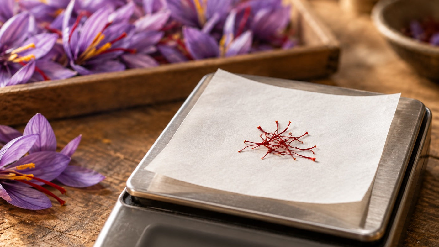 Small amount of dried saffron threads on a precision scale