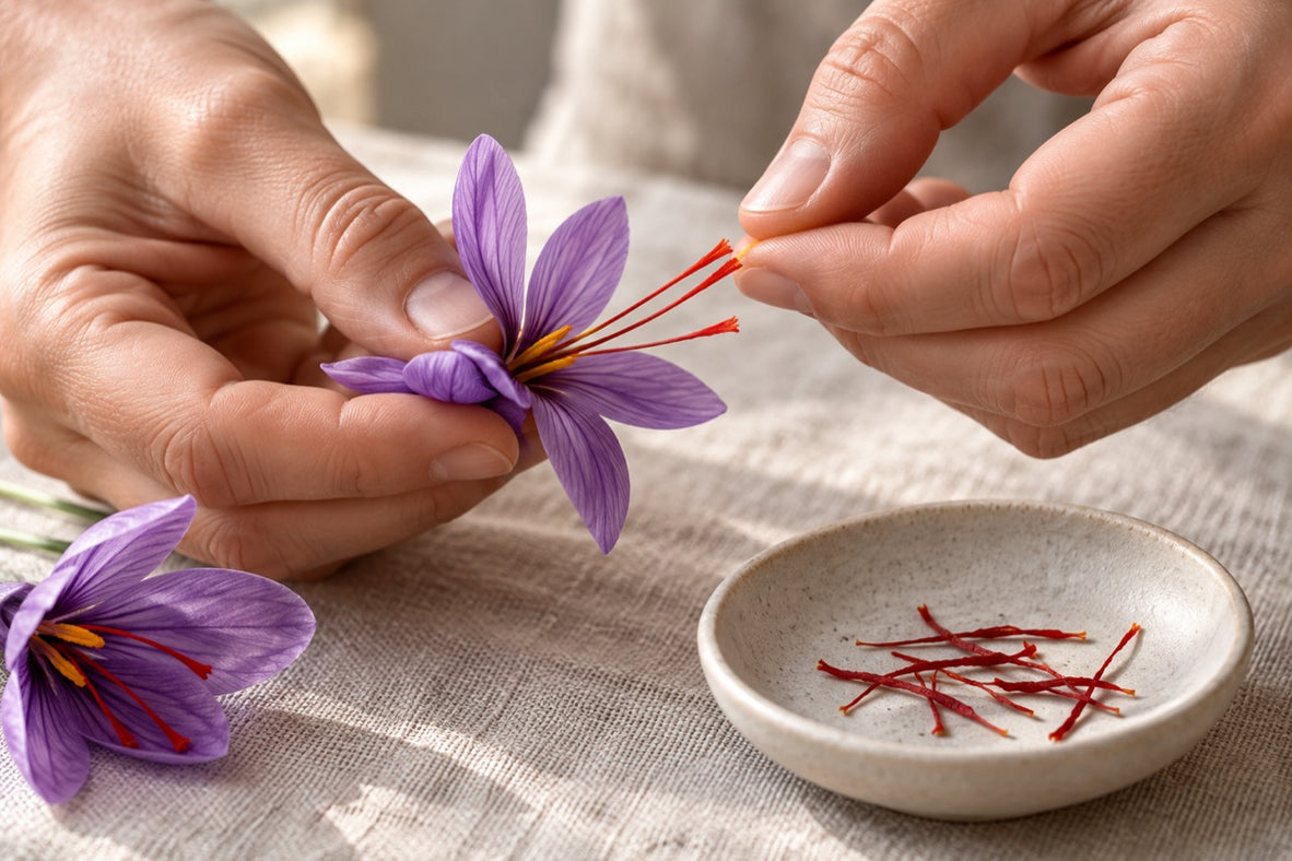 Three saffron threads are separated by hand from a crocus flower